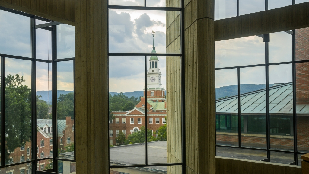 Baker Tower seen through the windows of Haldeman.